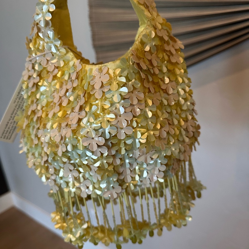 Yellow Floral Sequin Beaded Tassel Mini Bag